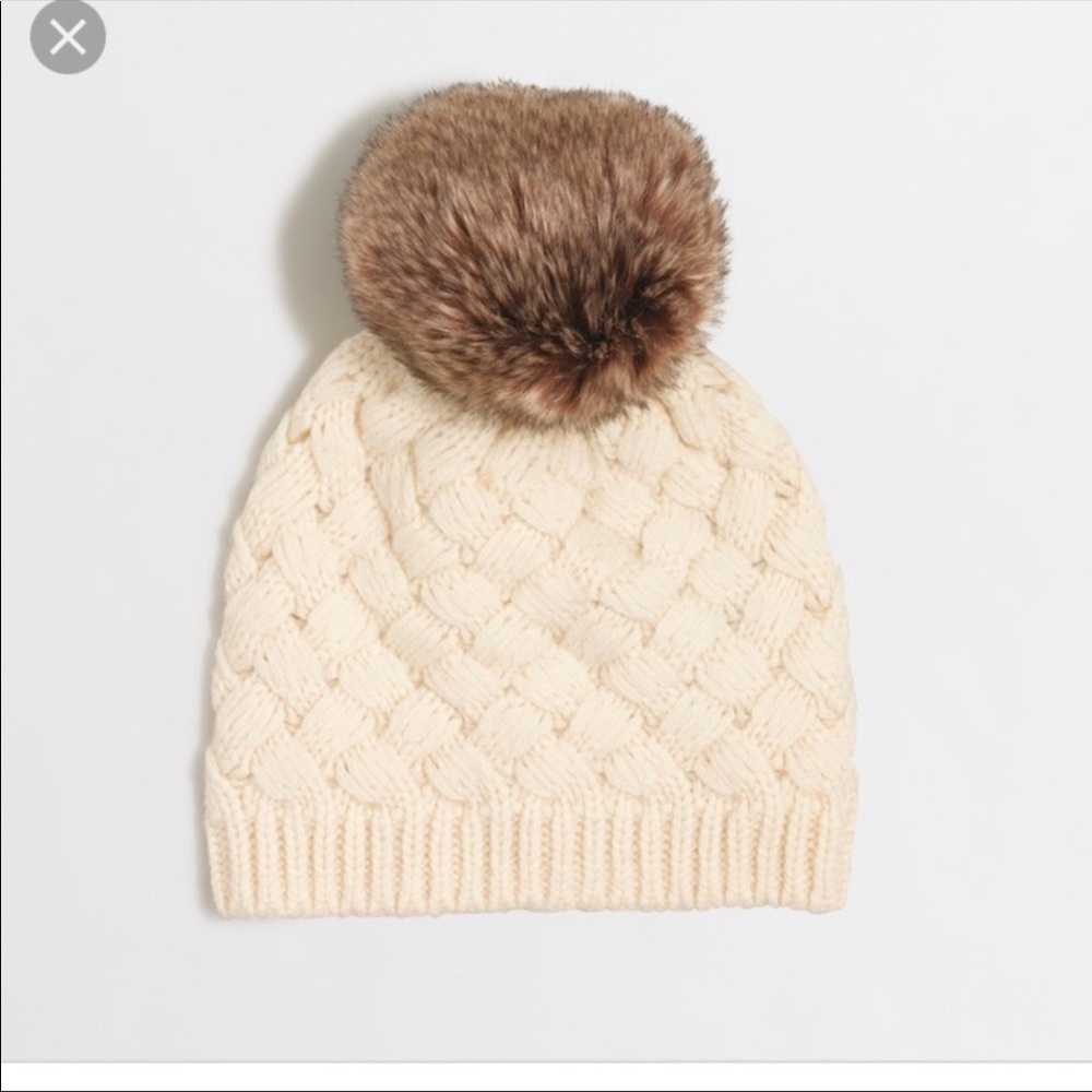 J Crew Faux Fur Pom Pom Beanie Winter Hat